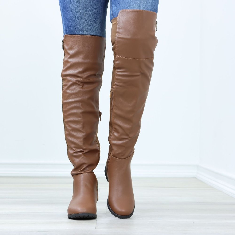 Tan Thigh High Over The Knee Faux Leather & Stretchy Material Low Heel Boot_9
